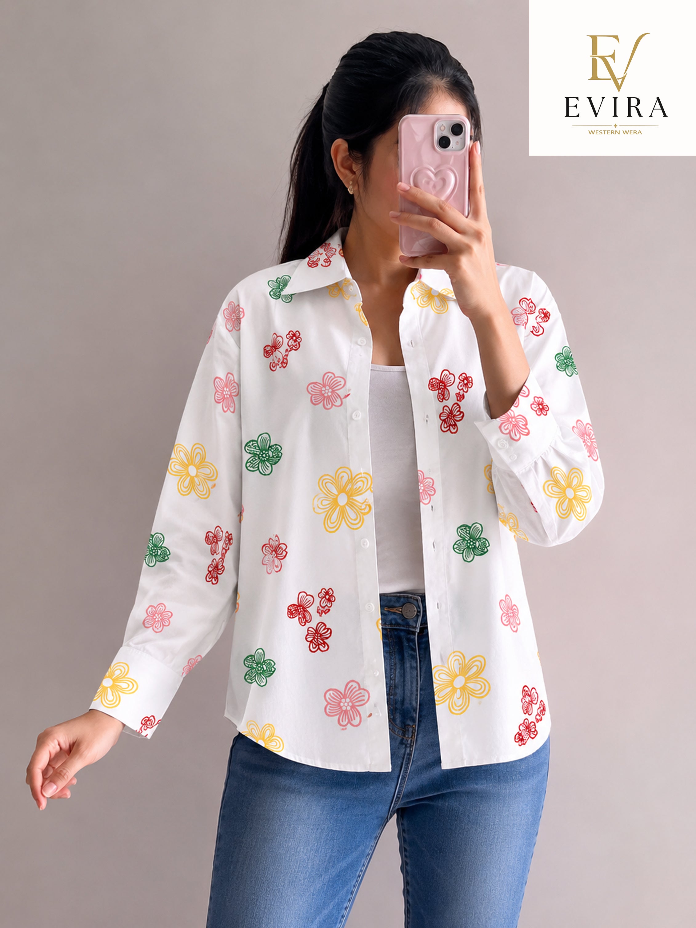 EVIRAONLINE Premium White Floral Print Cotton Shirt for Women (RJ-1001)
