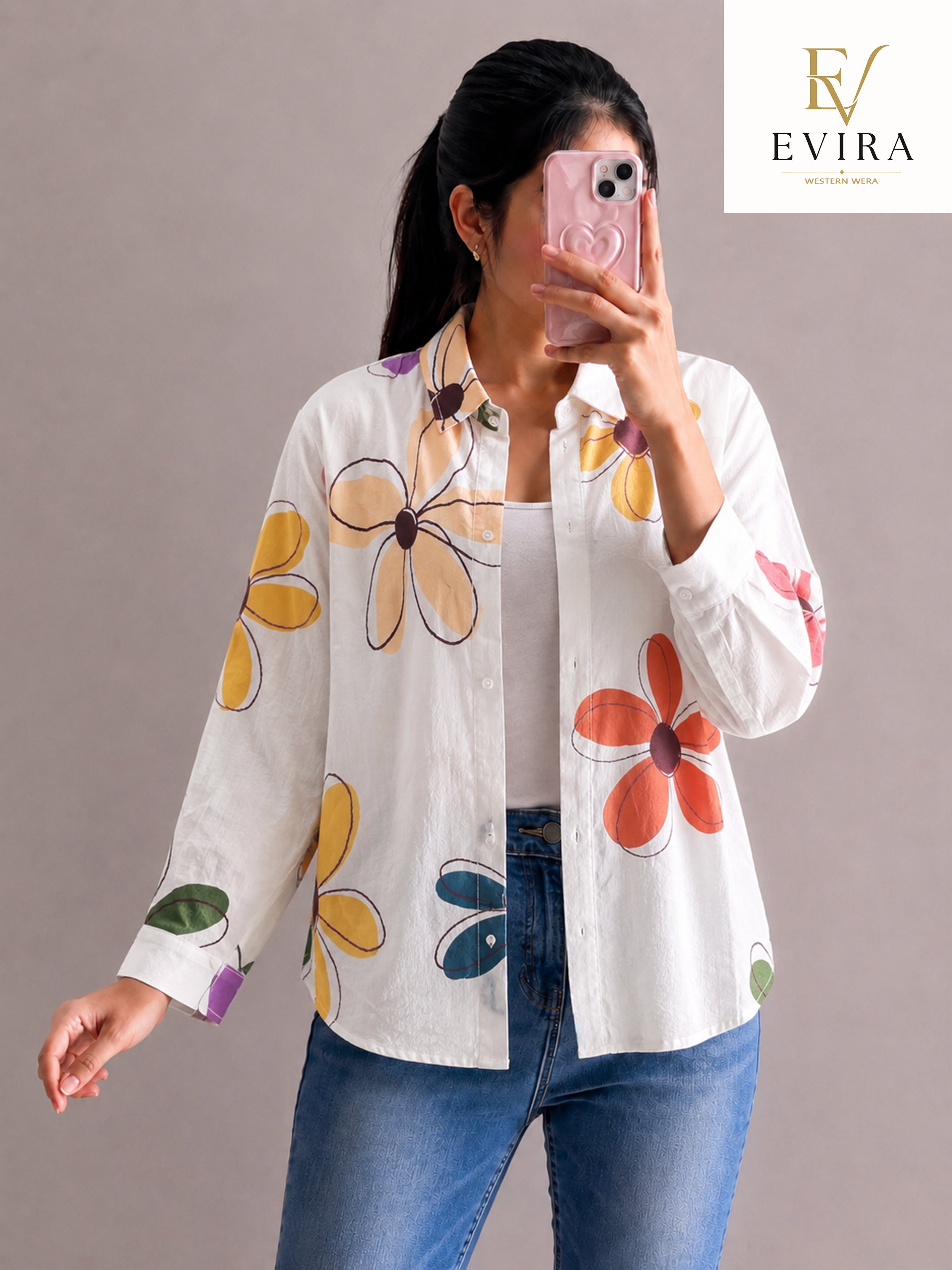 EVIRAONLINE Retro Bloom Floral Print Cotton Shirt for Women (RJ-1003)