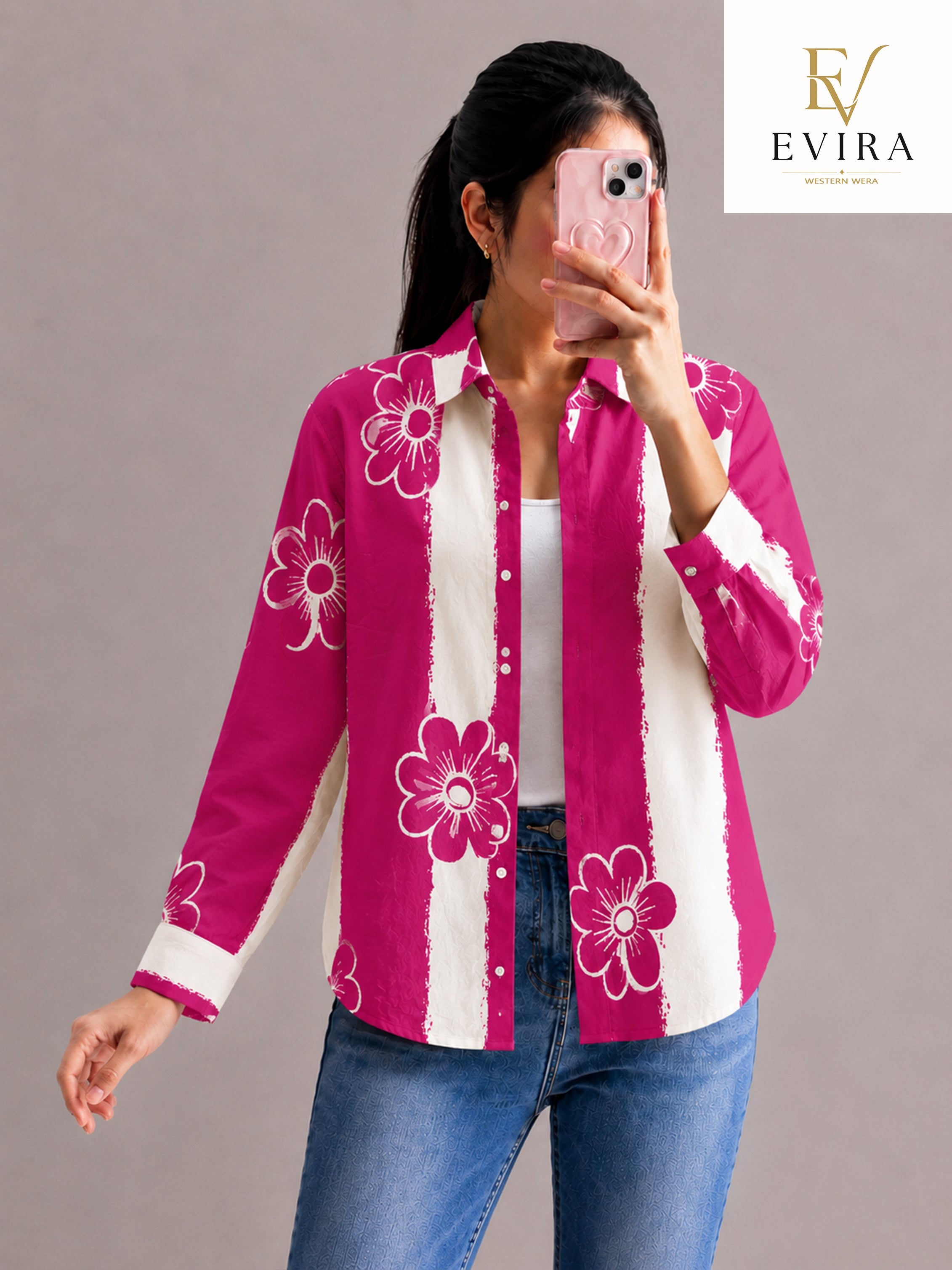 EVIRAONLINE Fuchsia Floral Stripe Print Cotton Shirt for Women (RJ-1004)