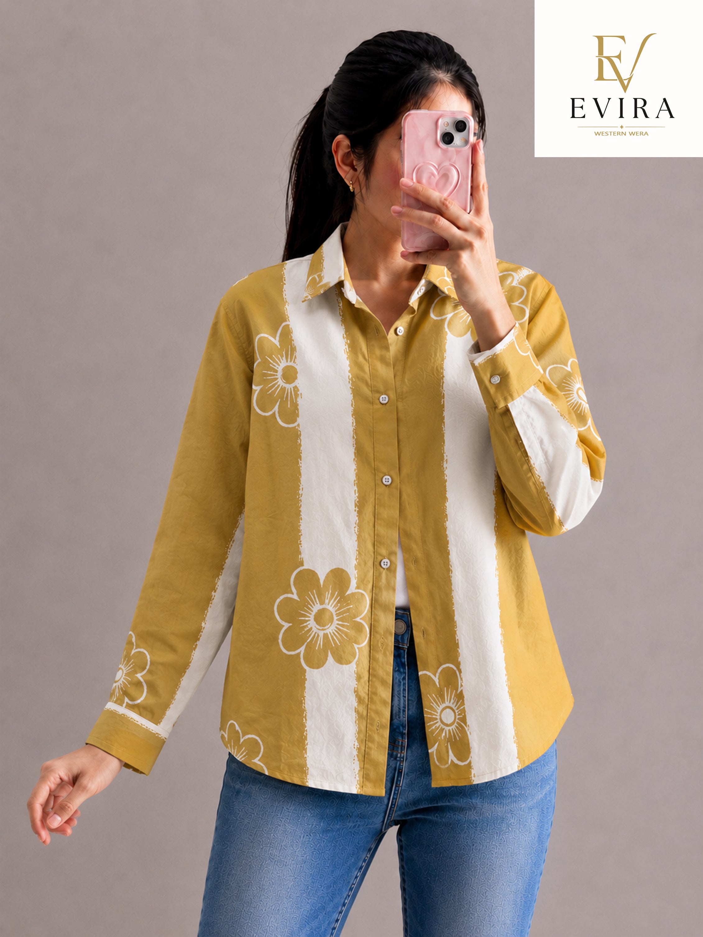 EVIRAONLINE Mustard Bloom Stripe Print Cotton Shirt for Women (RJ-1005)