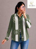EVIRAONLINE Olive Bloom Stripe Print Cotton Shirt for Women (RJ-1006)