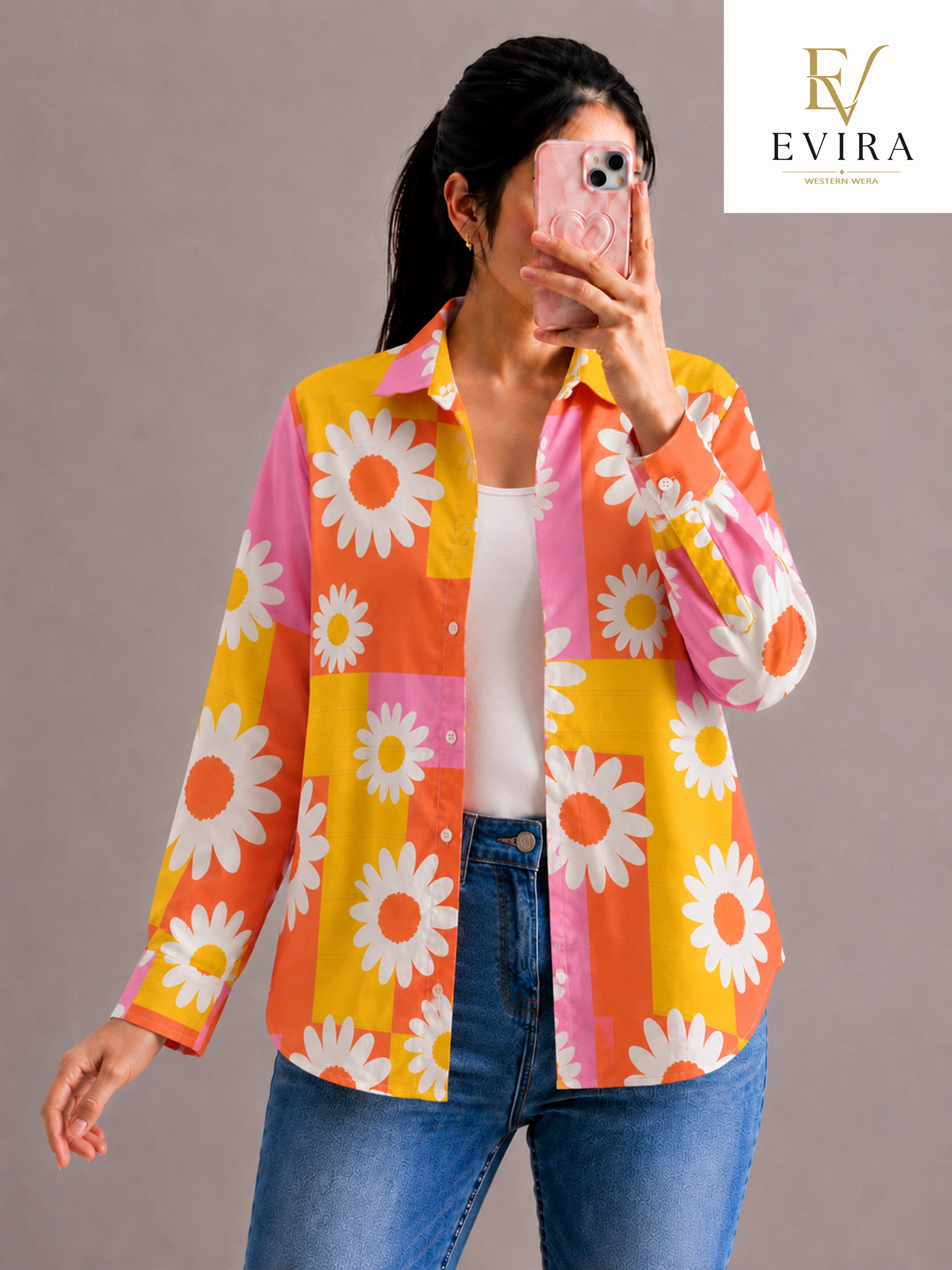 EVIRAONLINE Daisy Pop Patchwork Print Cotton Shirt for Women (RJ-1007)