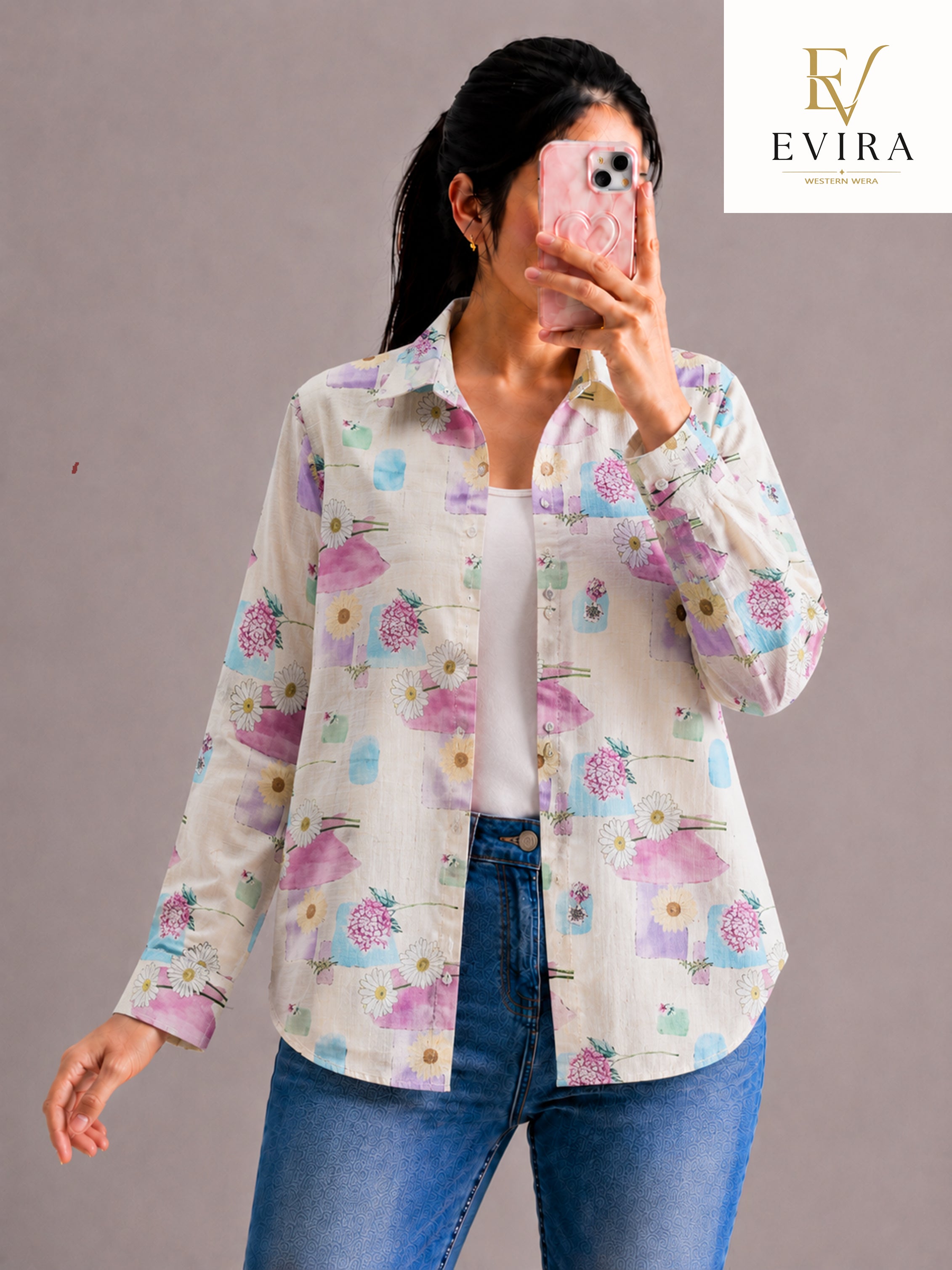 EVIRAONLINE Pastel Garden Floral Print Cotton Shirt for Women (RJ-1008)