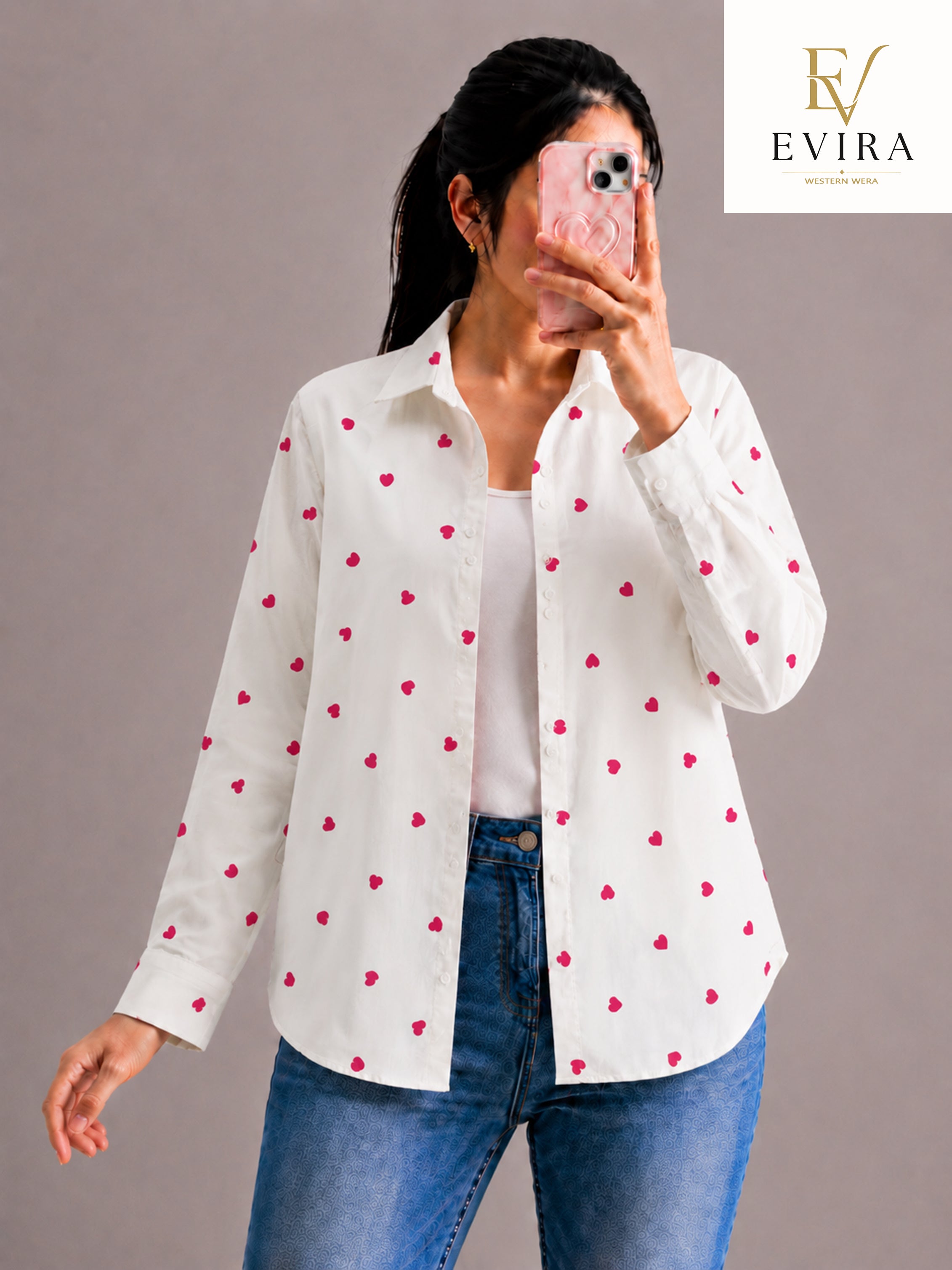 EVIRAONLINE Sweetheart Shape Print Cotton Shirt for Women (RJ-1009)