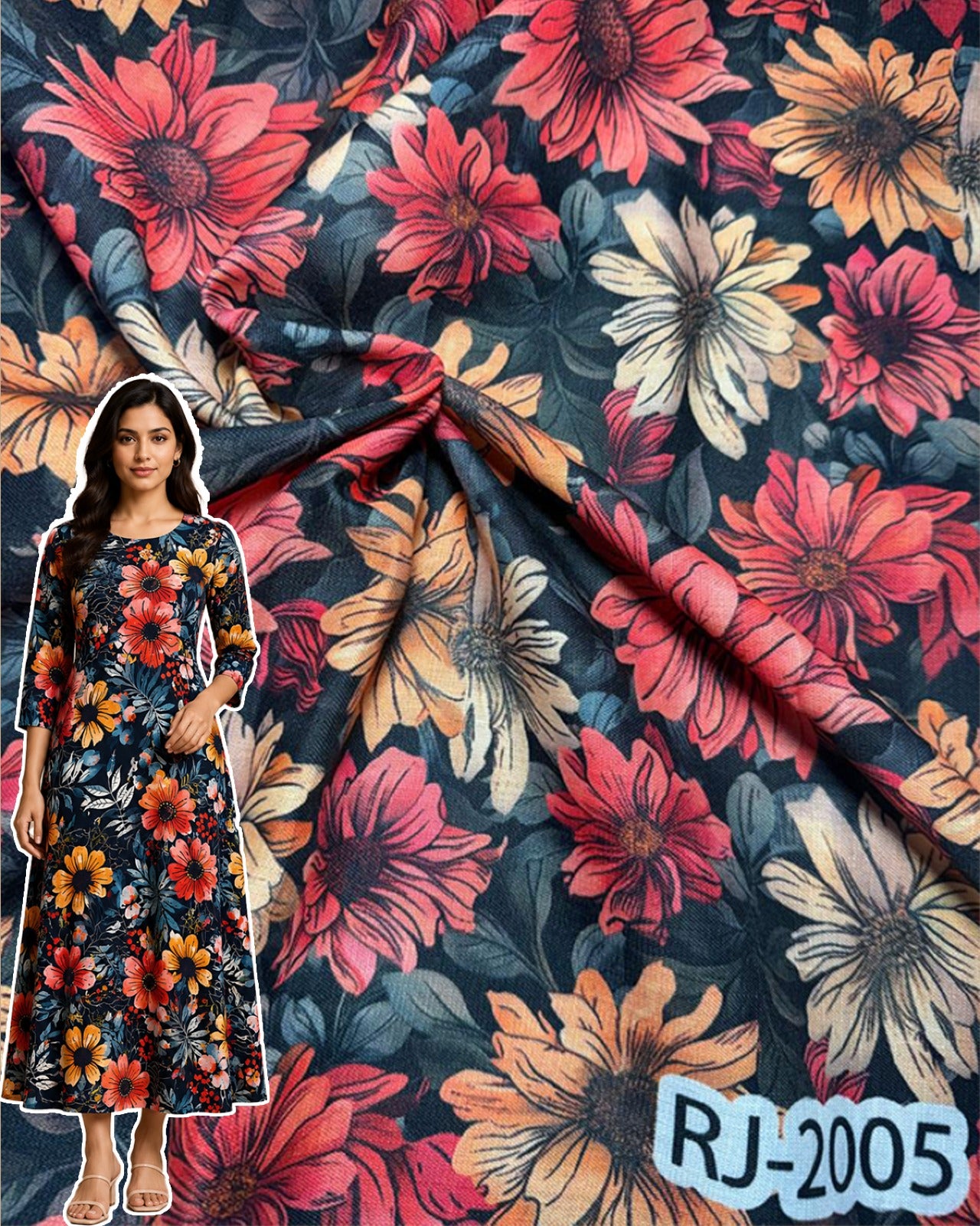 Vintage Blossom Noir  Digital Print Cotton Fabric – Multicolor Floral Design (RJ-2005)