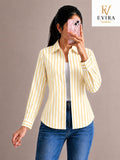 EVIRA Women’s Pastel Yellow Striped Formal Shirt | Full Sleeve Slim Fit Western Wear Top (RJ-1023)