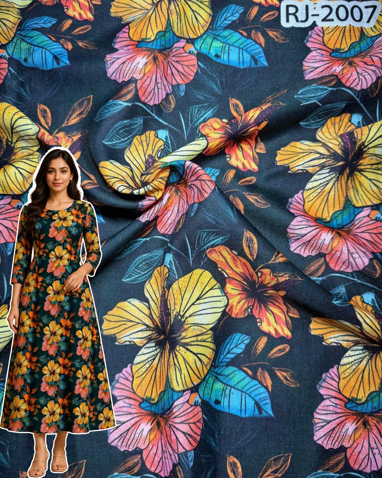 Floral Symphony on Navy Base Digital Print Cotton Fabric – Multicolor Floral Design (RJ-2007)