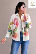 EVIRA Women’s White Abstract Watercolor Printed Shirt | Full Sleeve Designer Western Wear Top (RJ-1015)