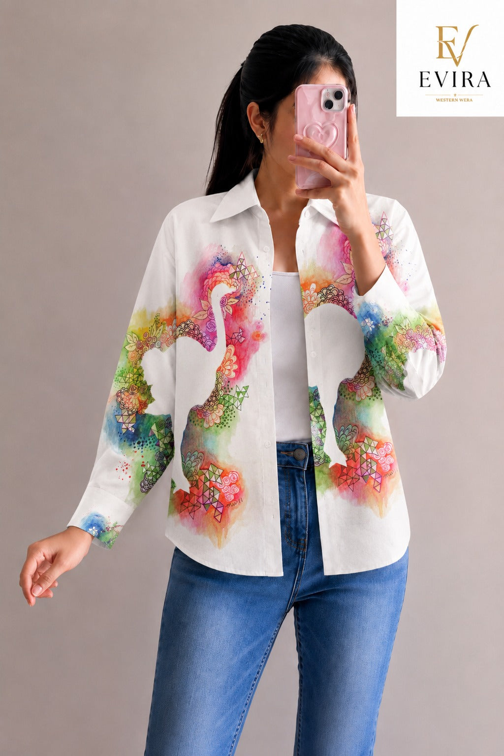 EVIRA Women’s White Abstract Watercolor Printed Shirt | Full Sleeve Designer Western Wear Top (RJ-1015)