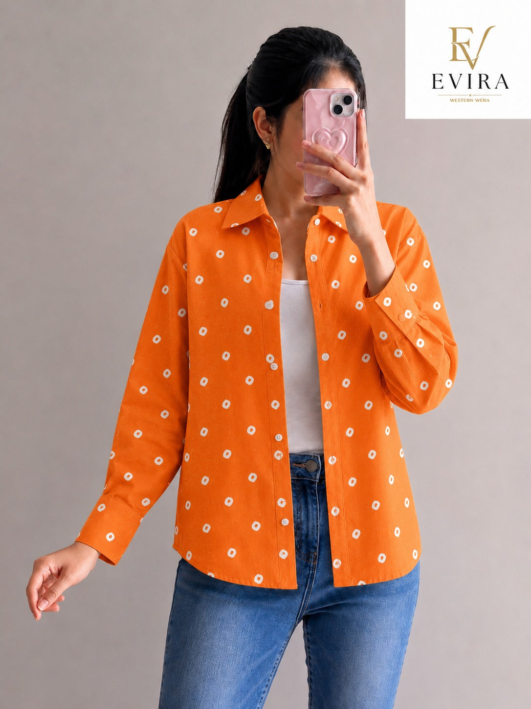 EVIRA Women’s Orange Printed Casual Shirt | Full Sleeve Regular Fit Western Wear Top (RJ-1013)