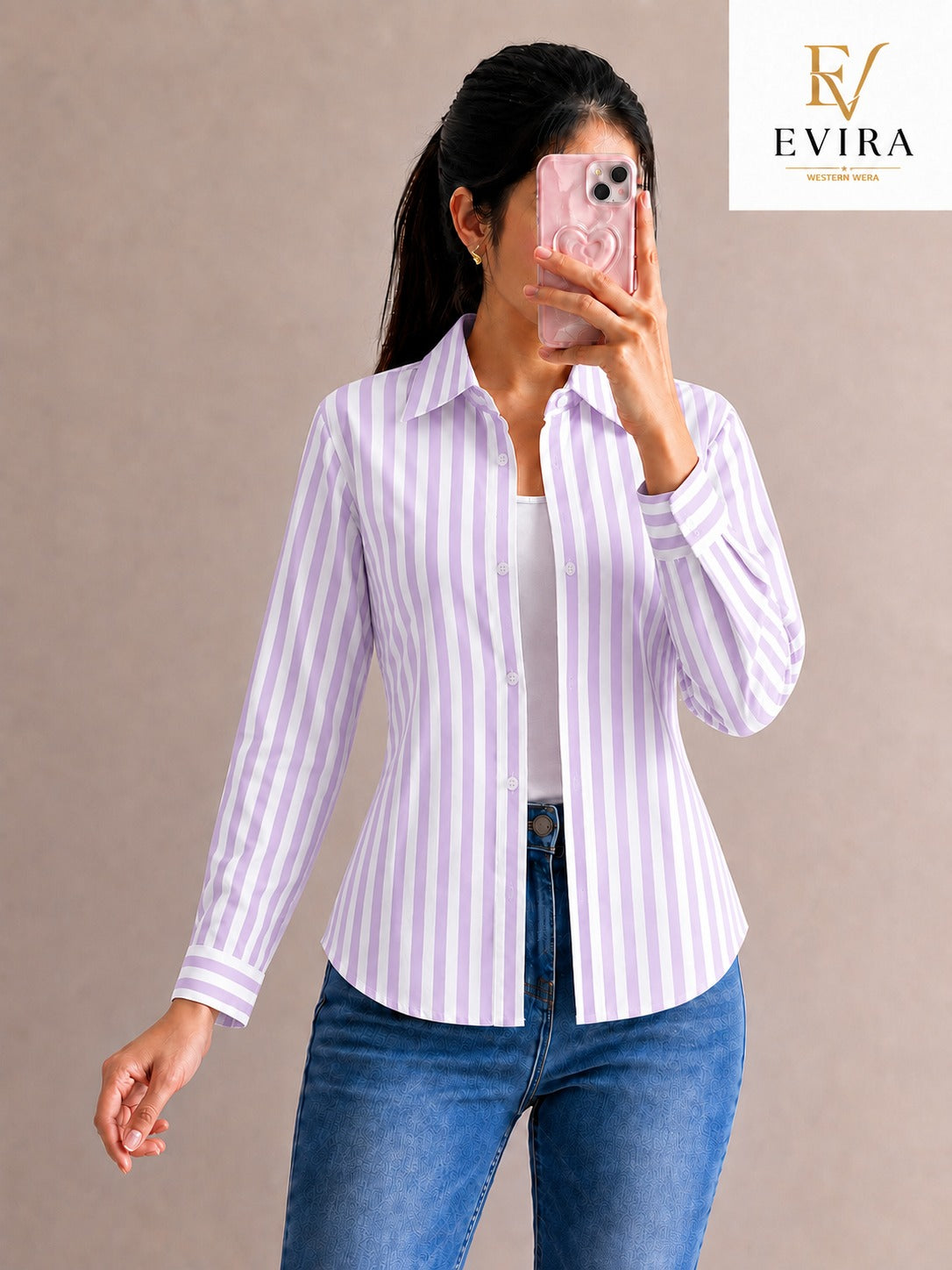 EVIRA Women’s Lavender Striped Formal Shirt | Full Sleeve Slim Fit Western Wear Top (RJ-1020)