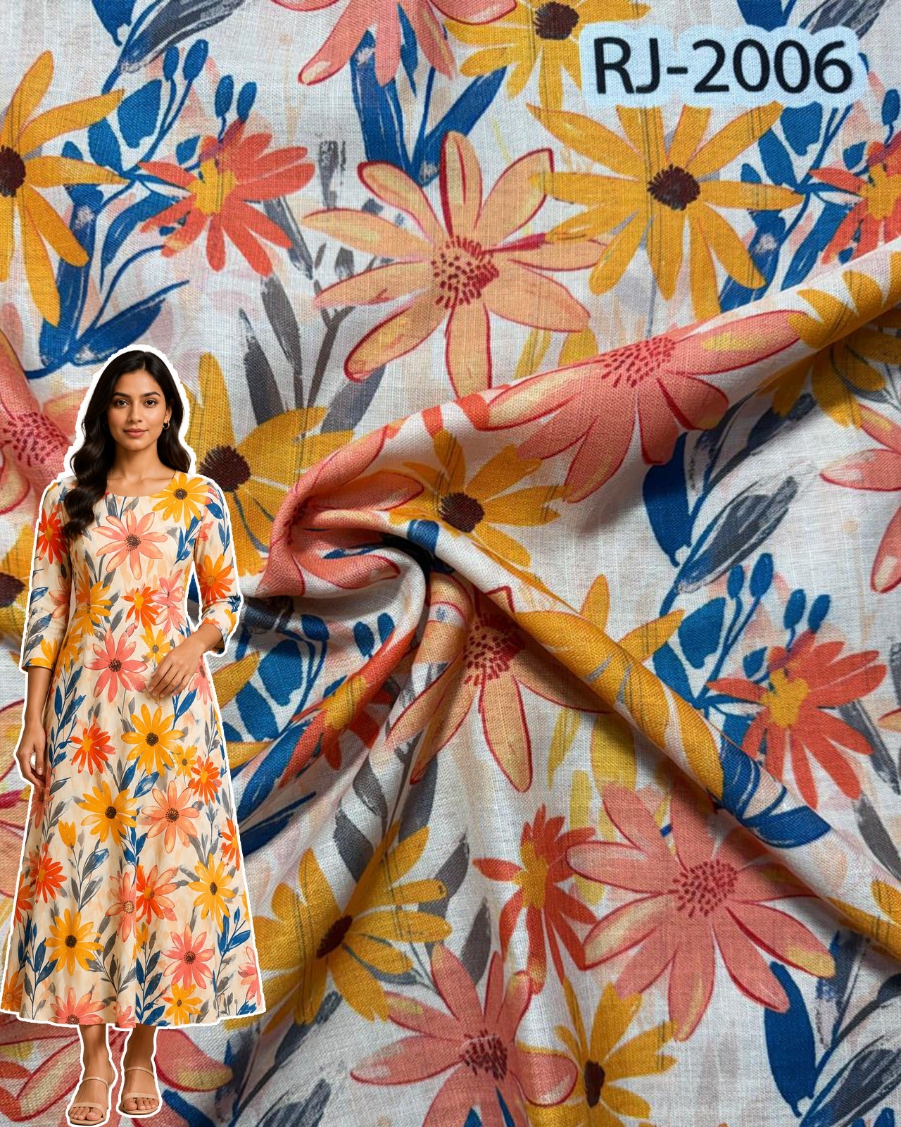 Peach & Gold Floral Symphony Digital Print Cotton Fabric – Multicolor Floral Design (RJ-2006)