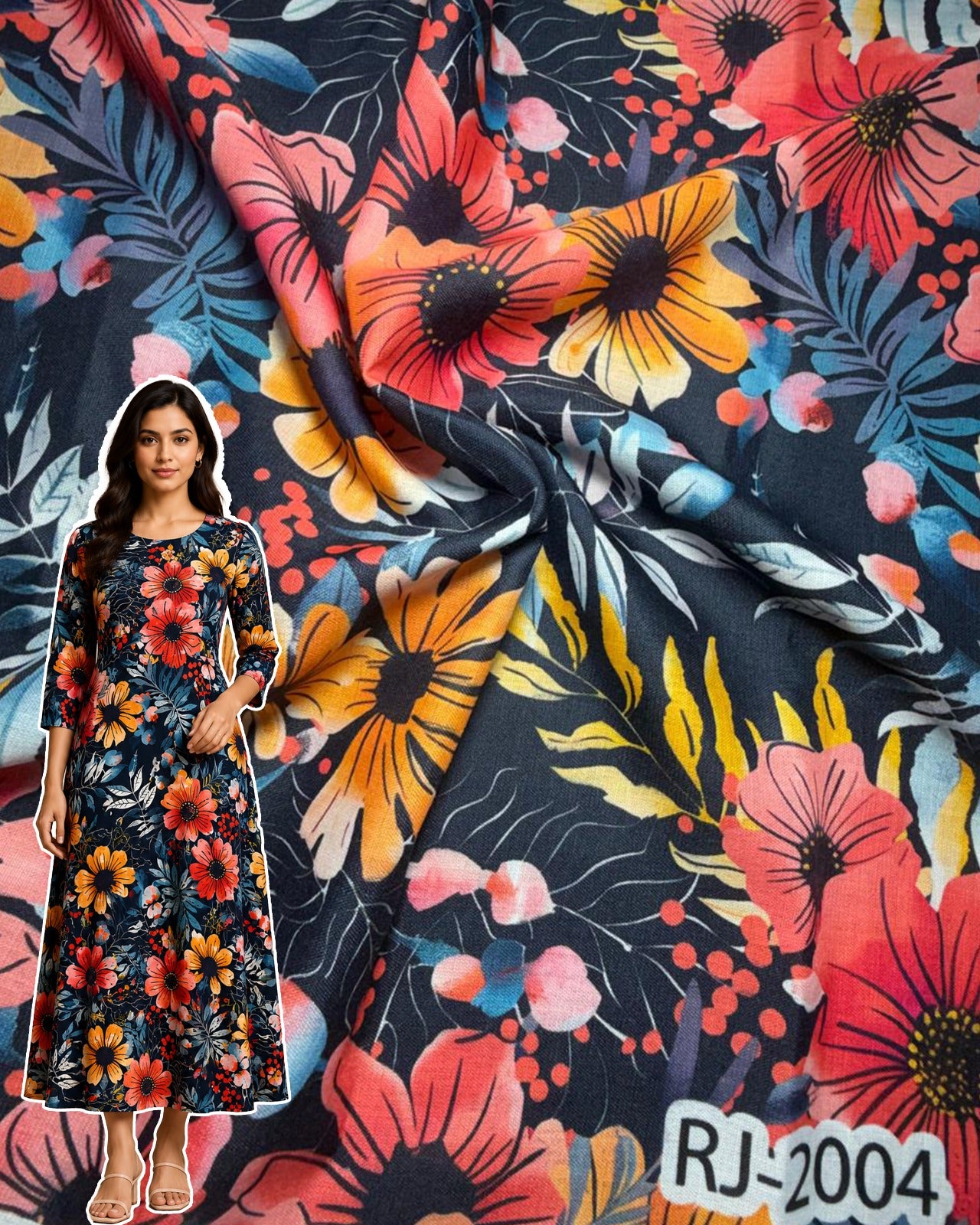 Sunset Petal Symphony Digital Print Cotton Fabric – Multicolor Floral Design (RJ-2004)