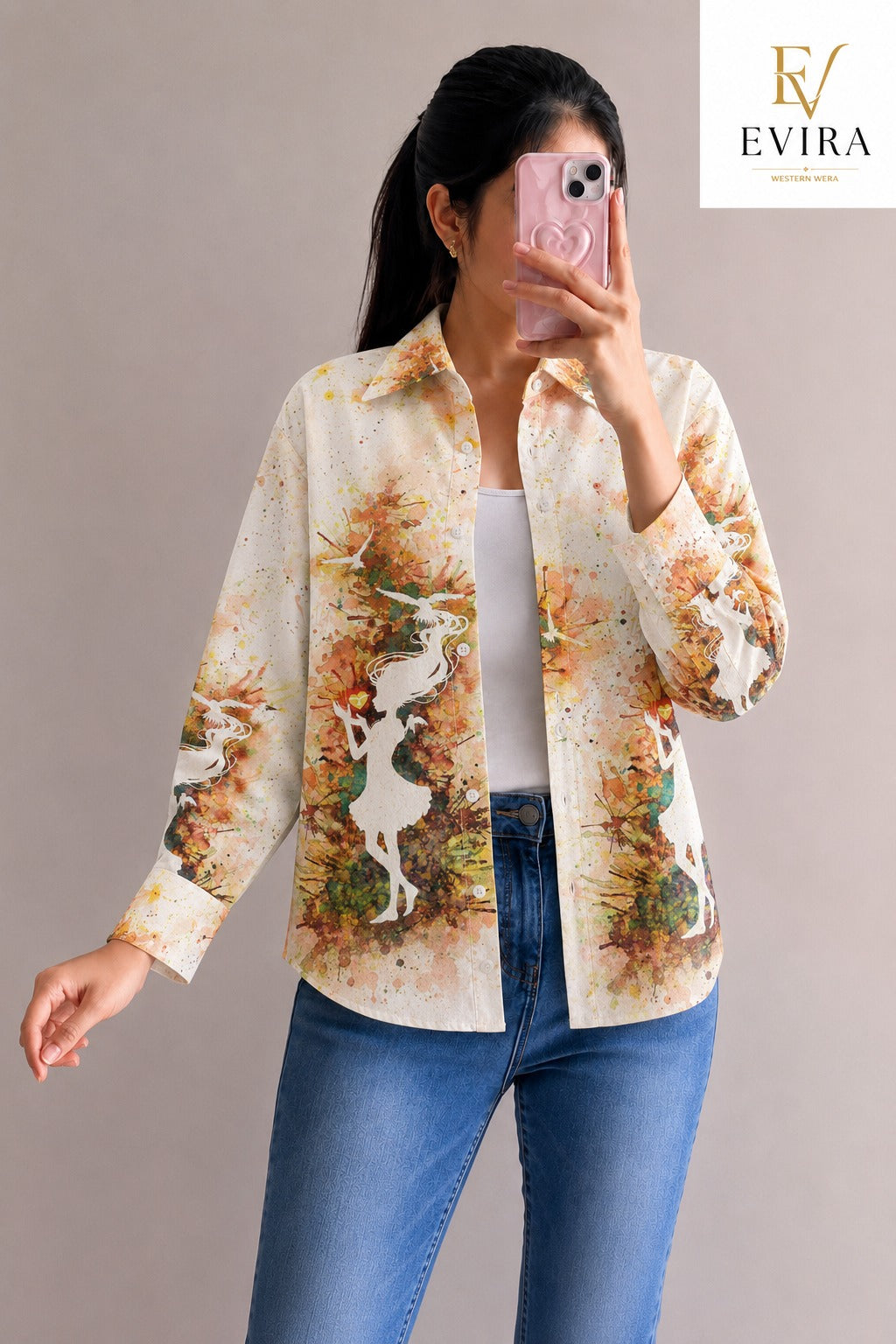 EVIRA Women’s Beige Abstract Art Printed Shirt | Full Sleeve Designer Western Wear Top (RJ-1017)
