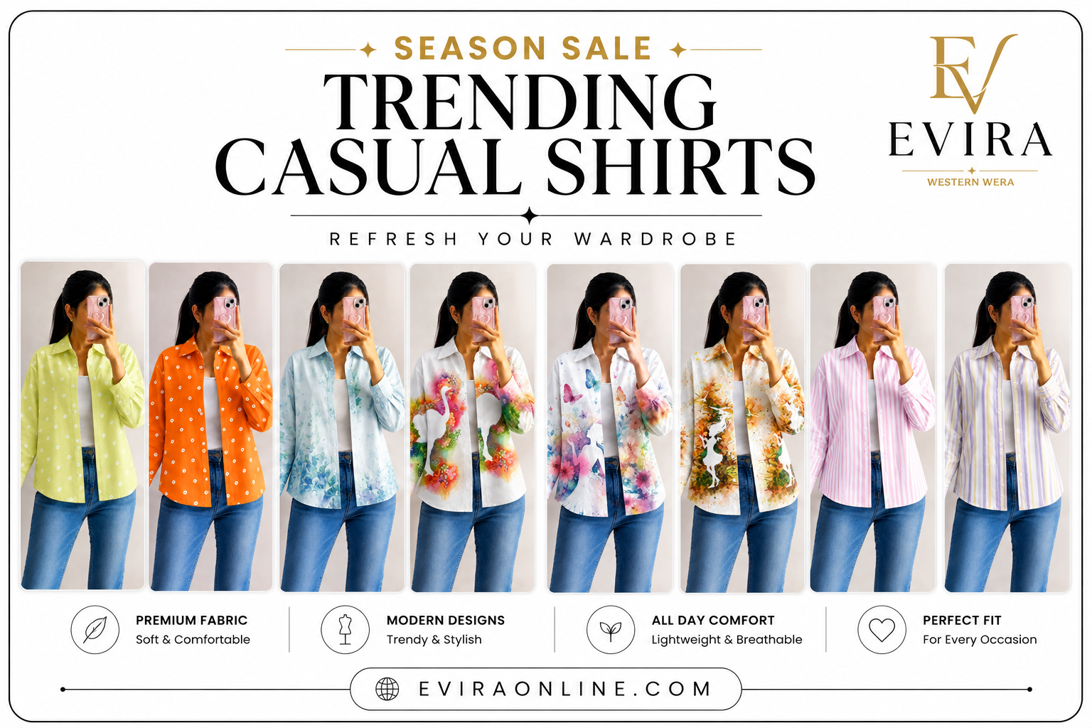 Advertisement for EVIRA casual shirts with models wearing various designs and a Season Sale banner.
