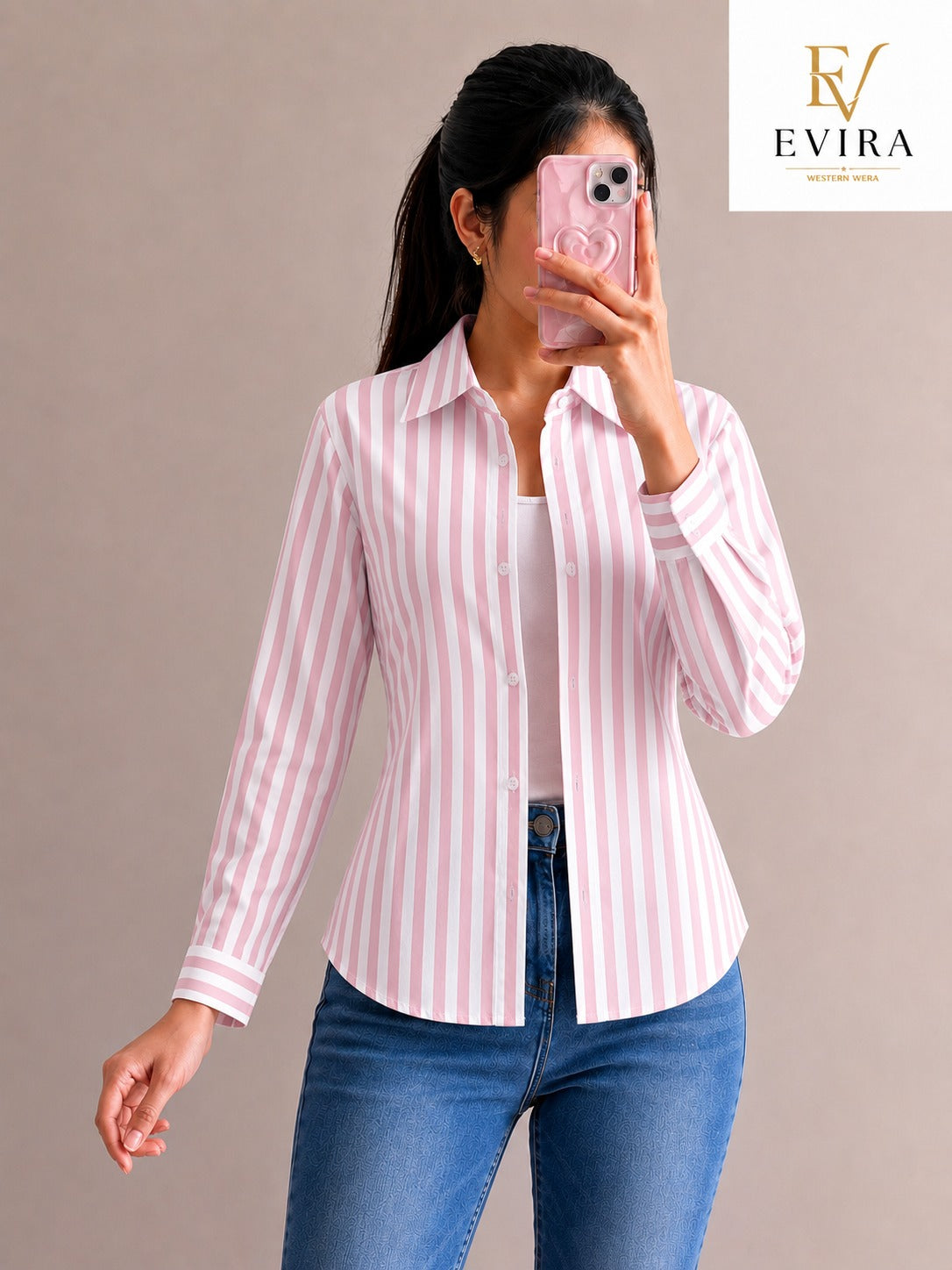 EVIRA Women’s Pink Striped Formal Shirt | Full Sleeve Slim Fit Western Wear Top(RJ-1018)