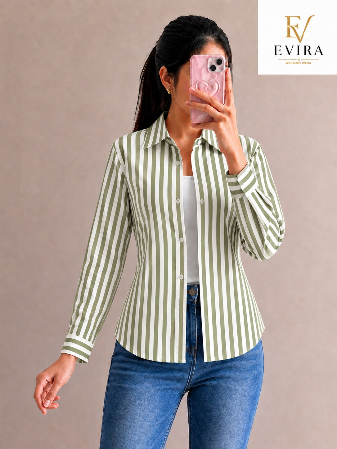 EVIRA Women’s Olive Green Striped Formal Shirt | Full Sleeve Slim Fit Western Wear Top (RJ-1019)