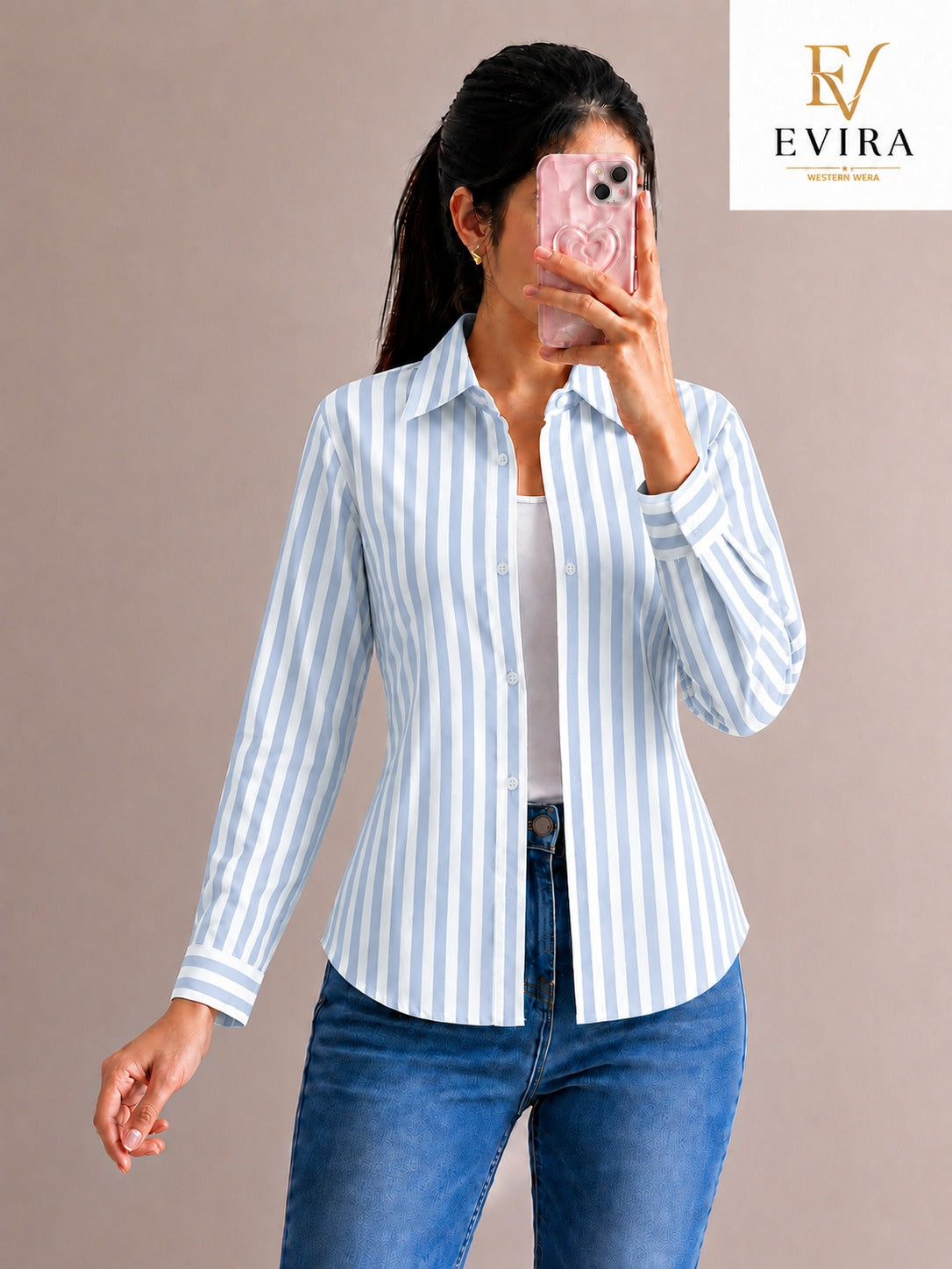 EVIRA Women’s Sky Blue Striped Formal Shirt | Full Sleeve Slim Fit Western Wear Top (RJ-1021)