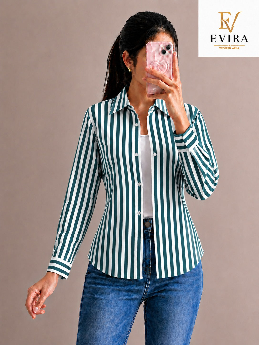 EVIRA Women’s Teal Green Striped Formal Shirt | Full Sleeve Slim Fit Western Wear Top (RJ-1024)