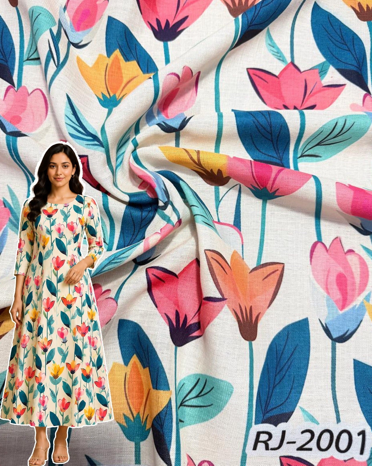 Premium Tulip Garden Digital Print Cotton Fabric – Multicolor Floral Design (RJ-2001)