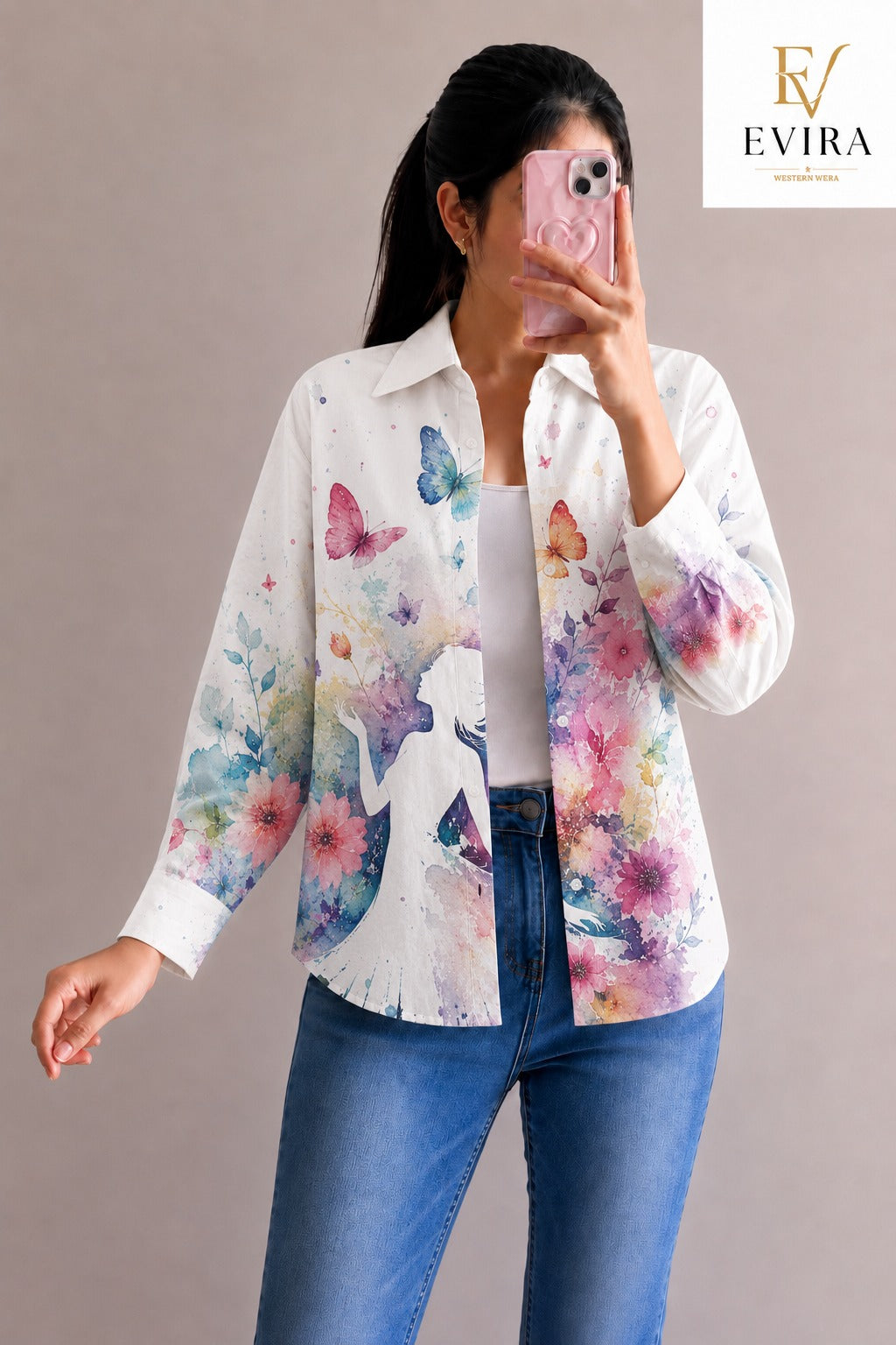 EVIRA Women’s White Butterfly Floral Printed Shirt | Full Sleeve Designer Western Wear Top (RJ-1016)