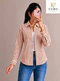 EVIRA Women’s Rust Orange Striped Formal Shirt | Full Sleeve Slim Fit Western Wear Top (RJ-1022)