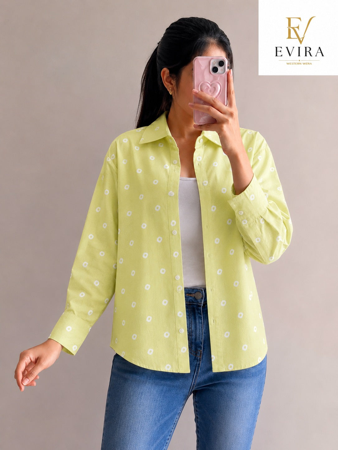 EVIRA Women’s Lime Green Printed Casual Shirt | Full Sleeve Regular Fit Western Wear Top (RJ-1012)