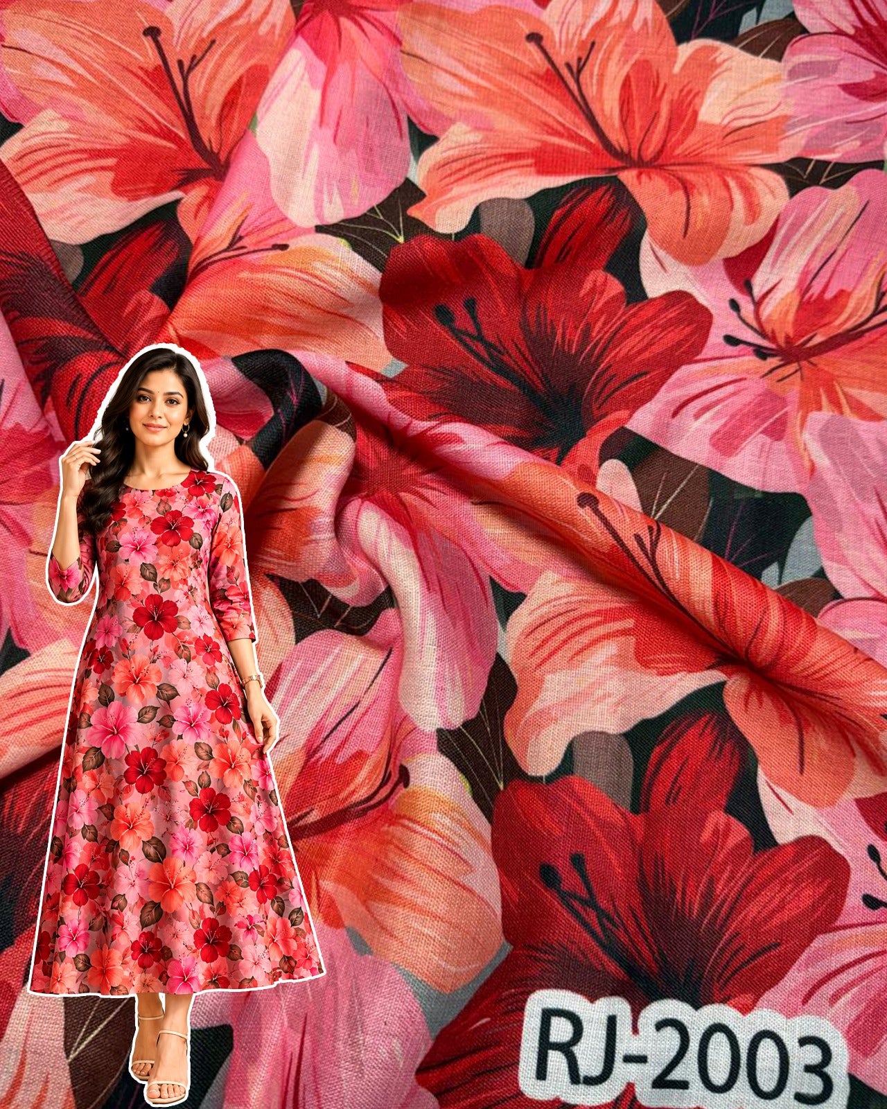 Red Petal Paradise Digital Print Cotton Fabric – Multicolor Floral Design (RJ-2003)