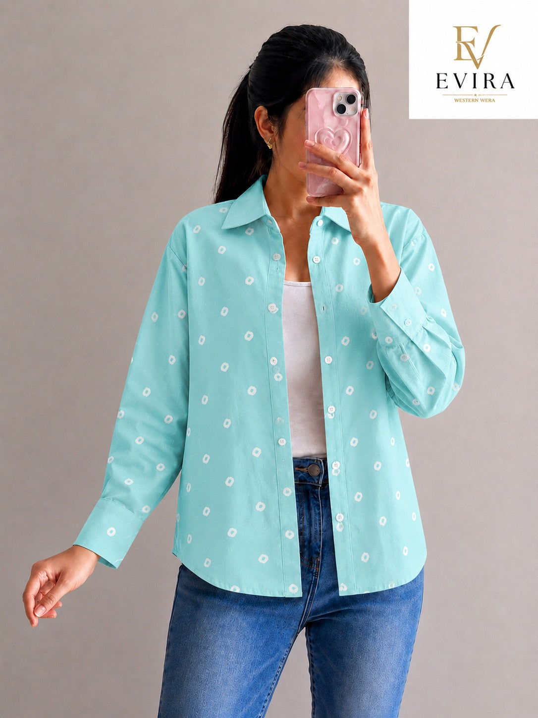 EVIRA Women’s Aqua Blue Printed Casual Shirt | Full Sleeve Regular Fit Western Wear Top (RJ-1014)